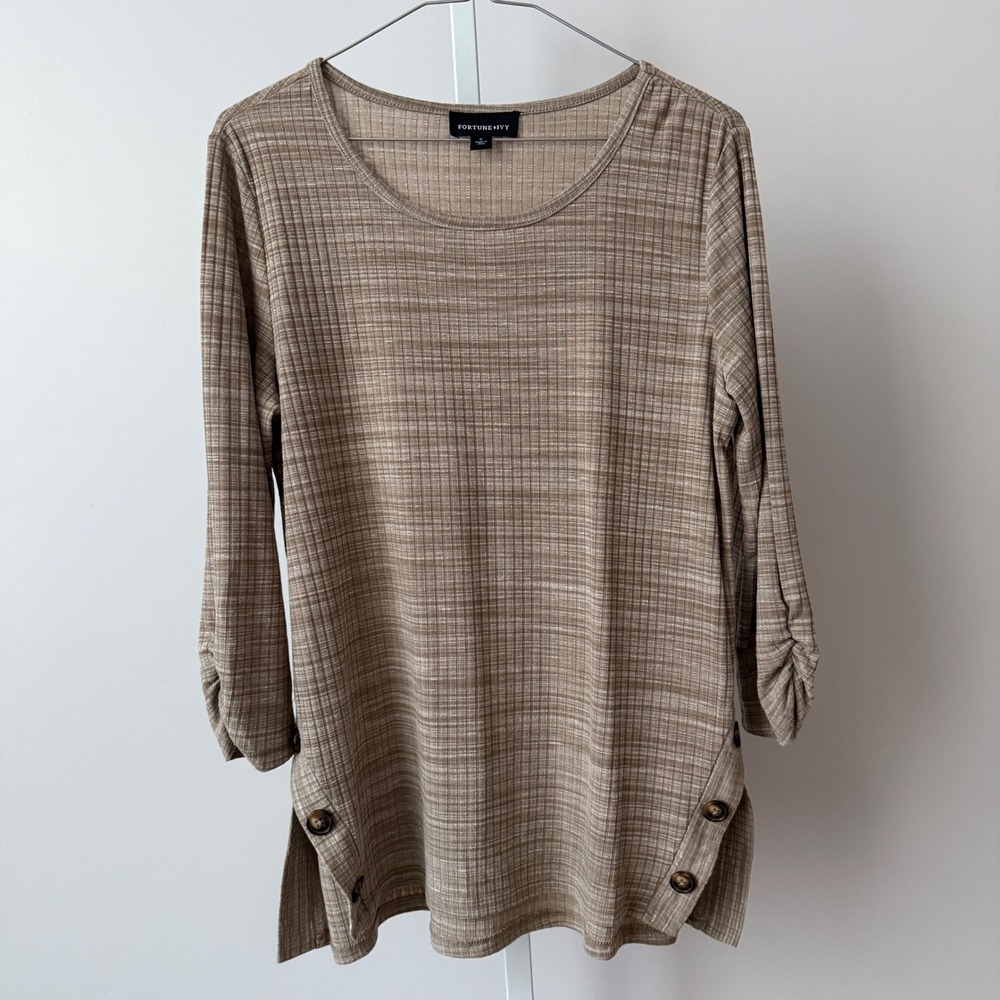 FORTUNE IVY sz S Beige Ribbed Tunic Shirt Lagenlook Boho